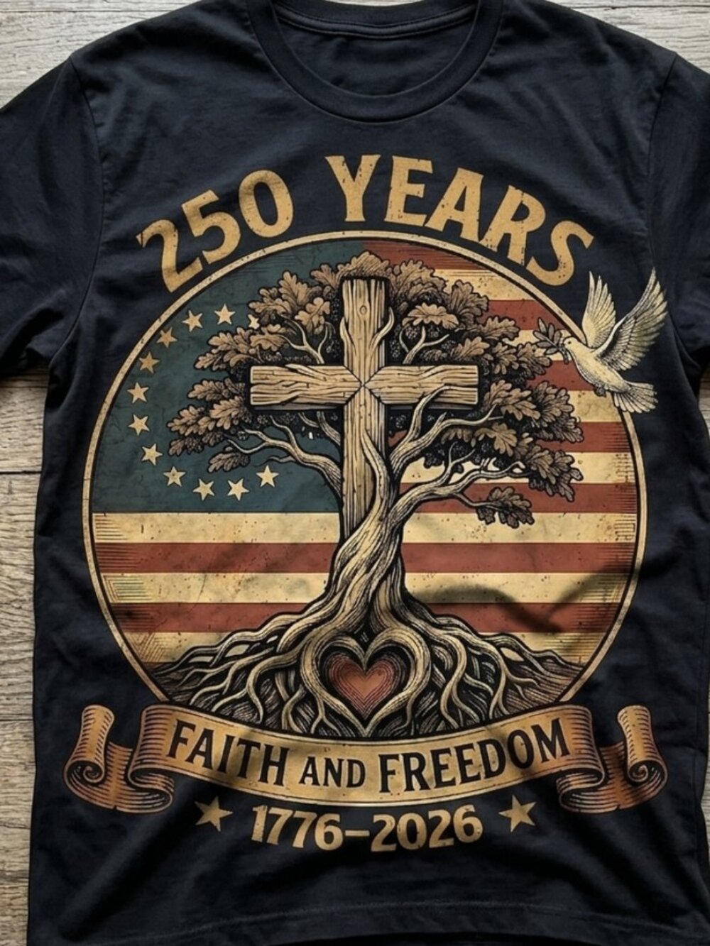 Vintage Faith And Freedom 250 Years 1776-2026 Patriotic Christian Tee